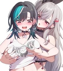 2girls akuame_(ring3922) aqua_streaks asymmetrical_bangs black_choker black_hair braid braided_bangs choker crossed_arms earrings grabbing_another's_breast grabbing_from_behind grey_hair groping hair_ornament hairpin highres hololive hololive_dev_is isaki_riona jewelry lesbian long_hair medium_hair multiple_girls print_shirt rabbit_bow rindo_chihaya shirt side_ponytail spiked_ear_piercing tank_top virtual_youtuber white_streaks white_tank_top