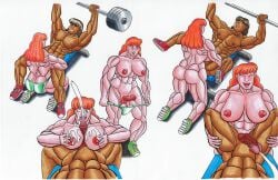 anal big_breasts color copic_markers cum cum_on_breasts cum_on_face cum_while_penetrated futa_is_smaller futa_on_male futanari green_panties gym male muscular muscular_futanari paizuri panties panties_down penis shiny_panties sneakers tittyfuck workout