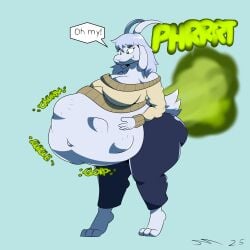 absurd_res anthro ass big_breasts big_butt boss_monster_(disambiguation) bottomwear bovid breasts caprine clothing dirtymac fart female fur gas goat green_eyes hair hi_res horn huge_breasts huge_butt long_hair mammal oral_vore pants standing sweater talking_to_prey topwear vore white_body white_fur