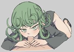 1boy 1girls black_dress black_footwear clothed_female_nude_male curly_hair dress fellatio female green_eyes green_hair highres male nude one-punch_man oral pantsu-ripper penis pov shoes tatsumaki