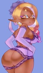 1girls ass big_breasts bra breasts frye_(splatoon) gloves inkling inkling_girl large_breasts lingerie looking_at_viewer looking_back looking_back_at_viewer nintendo panties pointy_ears purple_bra purple_gloves purple_lingerie purple_panties solo solo_female solo_focus splatoon splatoon_3 tentacle tentacle_hair underwear vespbee yellow_eyes yellow_hair