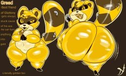 ass_dent coin coins deadly_sin deadly_sins gold golden_body greed_(plushtrapboyuwu) hyper hyper_ass plushtrapboyuwu raccoon tagme text