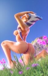 1girls 3d ahsoka_tano airress3d_(3d-modeller) alien armpits arms_up ass ass_focus athletic_female back_view barefoot blender blue_eyes breast_squeeze breasts clone_wars closed_eyes covered_nipples covering facial_markings feet female female_focus female_only flower grass grass_field hand_on_breast hand_on_head headgear kocean_3d mountain nature nature_background nude nude_female on_one_leg orange_skin pussy smile solo squatting squeezing squeezing_breast star_wars tagme the_clone_wars:_season_seven tiptoes togruta touching_breast touching_self