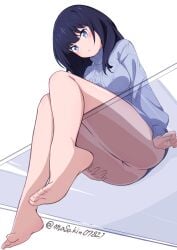 absurdres against_glass ass ass_on_glass ass_press barefoot black_hair blue_eyes blush bottomless breasts commentary feet female from_below gridman_universe gridman_universe_(film) highres long_hair long_sleeves looking_at_viewer looking_down masakin pussy sitting soles solo sweater takarada_rikka thighs toes turtleneck turtleneck_sweater twitter_username uncensored