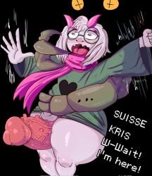 anthro big_penis deltarune english english_text femboy femboy_focus furry genital_fluids goat goat_boy huge_cock khadhunter7 male male/male monster penis penis_between_thighs ralsei text undertale_(series)