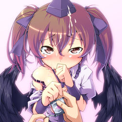 blush bra brown_eyes brown_hair bust condom condom_wrapper covering_mouth cum cum_on_hair dress_shirt facial hair_ribbon hand_over_own_mouth hat hatate_himekaidou highres lingerie off_shoulder red_(artist) ribbon shirt solo strap_slip tear tied_hair tokin_hat touhou twintails underwear wings