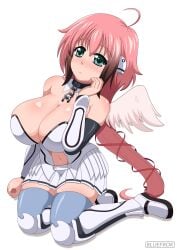 1girls angel angel_wings big_breasts blue_eyes bluefrok blush breasts cleavage dress female female_only ikaros light_skin pink_hair short_hair sora_no_otoshimono tagme wings