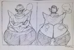 1boy 1male arms_crossed ass ass_cleavage ass_focus ass_shake big_butt blush butt_crack cape dragon_ball embarrassed femboy huge_ass male male_only more_at_source muscular muscular_male namekian panels piccolo pulling pulling_down_pants rear_view scarf signature slowarts sweatdrop tagme text traditional_media_(artwork)