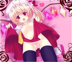 black_legwear blonde_hair fangs female flandre_scarlet flat_chest haruta_(806060) highres open_clothes red_eyes side_ponytail skirt skirt_lift solo the_embodiment_of_scarlet_devil thighhighs touhou wings