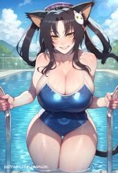 ai_generated big_ass big_breasts big_butt big_thighs black_hair blue_swimsuit blush cat_ears cat_tail high_school_dxd huge_ass huge_breasts huge_butt huge_thighs kuroka_(high_school_dxd) pool school_swimsuit sweat swimming_pool swimsuit wanuze wide_hips yellow_eyes