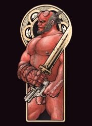 balls bara body_hair demon facial_hair flaccid gun hellboy hellboy_(series) male male_only muscles muscular noxsatvrn nude penis sideburns solo solo_male sword