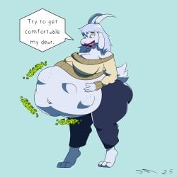 absurd_res anthro ass big_breasts big_butt boss_monster_(disambiguation) bottomwear bovid breasts caprine clothing dirtymac female fur goat green_eyes hair hi_res horn huge_breasts huge_butt long_hair mammal oral_vore pants standing sweater talking_to_prey topwear vore white_body white_fur