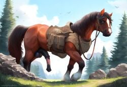 absurd_res ai_generated anatomically_correct anatomically_correct_genitalia anatomically_correct_penis animal_genitalia animal_penis balls blue_eyes brown_body brown_fur cloud director_seam ears_up equid equine equine_penis erection feral fur genitals hi_res hooves horse male mammal multicolored_body multicolored_fur outdoors penis plant saddle solo tree white_body white_fur