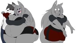 2021 5_fingers alternate_species anthro bbw big_ass big_breasts black_bra black_clothing black_underwear bottomwear bra bra_slip breasts bubble_butt canid canine canis cleavage clothed clothing curvy dewwy(dewwydartz) dewwydarts dewwydartz fat female fingers fur furry grey_body grey_clothing grey_fur grey_hair grey_topwear hair hi_res huge_ass huge_breasts huge_hips huge_thighs long_hair mammal may_(dewwydarts) may_(dewwydartz) overweight pregnant purple_eyes red_bottomwear red_clothing red_shorts shorts simple_background standing tagme thick_thighs topwear underwear white_background wide_hips wolf