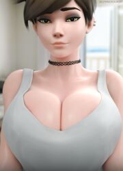 1girls 3d accessory big_breasts big_breasts big_breasts breasts breasts breasts british_female brown_hair choker cleavage earring earrings eyeliner eyeshadow female_focus female_only huge_boobs huge_breasts huge_breasts lena_oxton light-skinned_female lips looking_at_viewer makeup overwatch overwatch_2 selfie selfmindsources short_hair smirk solo solo_female solo_focus teasing tomboy topwear tracer yellow_eyes