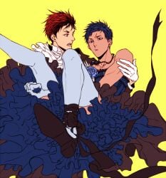 aomine_daiki carrying crossdressing daiki_aomine gay kagami_taiga kuroko's_basketball kuroko_no_basuke male/male male_in_dress navy_blue_hair princess red_hair taiga_kagami tan_skin yaoi