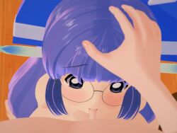 1girls blowjob glasses gluko koikatsu_(medium) mon_colle_knights purple_eyes purple_hair rokumon_tengai_mon_colle_knight rokumon_tengai_mon_kore_naito small_penis_adoration tagme