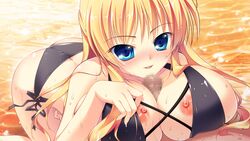 beach blonde_hair blue_eyes breasts censored female game_cg kazamatsuri_koromo long_hair male manatsu_no_yoru_no_yuki_monogatari mikeou nipples paizuri penis straight swimsuit wet