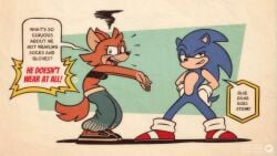 annoyed anthro casual clothed_female clothed_female_nude_male exposed_torso f0xnr0ll featureless_crotch female footwear fox-pop funny handwear handwear_and_footwear_only male needles_the_red_wolf nude_male original_character red_wolf sonic_(series) sonic_the_hedgehog wolf