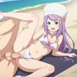 1boy 1girls ai_generated anastasia_hoshin bikini bikini_bottom bikini_bottom_aside bikini_bottom_pull bikini_top lying_on_side one_leg_raised one_leg_up pussy re:zero_kara_hajimeru_isekai_seikatsu spoon_position spread_legs vagina vaginal_penetration vaginal_penetration vaginal_sex