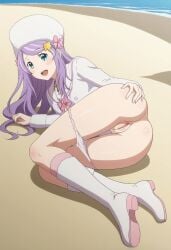 1girls ai_generated anastasia_hoshin ass beach bubble_butt hand_on_butt lying_on_side presenting_pussy pussy re:zero_kara_hajimeru_isekai_seikatsu solo solo_focus