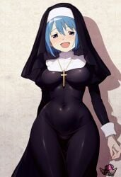 ai_generated artist_logo blue_eyes blue_hair cosplay cross cute female female_focus female_only madoka_worship magical_girl mahou_shoujo_madoka_magica medium_breasts miki_sayaka nun nun_outfit seductive seductive_look short_hair smile solo solo_female solo_focus thick_thighs tight_clothing wide_hips