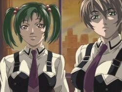 00s 2002 animated bible_black bible_black_gaiden breasts brown_hair green_eyes green_hair lowres necktie rie_morita school_uniform shido_saki short_hair smile tagme tongue tongue_out twintails