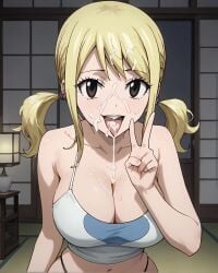 ai_generated blonde_hair brown_eyes cum cum_everywhere cum_on_breasts cum_on_face fairy_tail gigantic_breasts huge_breasts light-skinned_female light_skin looking_at_viewer lucy_heartfilia massive_breasts panties pantyhose peace_sign sixsix201 smiling solo_female squatting sweat sweatdrop tank_top thick_body thick_female tongue_out twintails voluptuous voluptuous_female