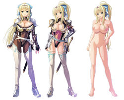 armed armor blonde_hair blush breasts censored cleavage female_armor female_knight human_only inverted_nipples isis_petrovna_ellenskaia kyonyuu_fantasy kyonyuu_fantasy_gaiden large_breasts nipples nude official_art sword thighhighs tiara torn_thighhighs waffle weapon