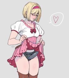 blonde_hair closed_eyes clothes_lift dildo djeeta_(granblue_fantasy) dress dress_lift female granblue_fantasy grey_background hairband heart legs_together natural_virtue pink_dress pink_hairband sex_toy short_hair simple_background smile solo spoken_heart strap-on thighhighs thighs