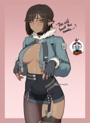 big_breasts blush breasts cosplay dante_(limbus_company) dark-skinned_female jane_doe_(zenless_zone_zero) k3nnyn3v limbus_company looking_at_viewer nervous no_bra outis_(limbus_company) project_moon shy sweat thick_thighs thighs