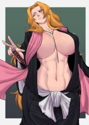 1girls abs absurdres artist_name big_breasts bleach blue_eyes border breasts chain_necklace chains collarbone exposed_torso female_focus highres huge_boobs huge_breasts jewelry large_breasts limn044 long_hair looking_to_the_side matsumoto_rangiku mole mole_under_mouth necklace open_clothes orange_hair pink_shawl shawl shihakusho simple_background solo sword toned_female weapon white_border zanpakutou