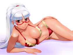 1girls arm_support bangs bikini blunt_bangs blush breasts cleavage dark_skin female front-tie_top glasses hands_on_hips hips large_breasts long_hair looking_at_viewer lying on_side original pointy_chin ponytail purple_eyes red-framed_glasses shiny shiny_skin smile solo swimsuit tied_hair ueyama_michirou white_hair