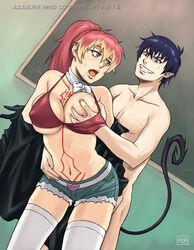 ao_no_exorcist azasuke belt bikini bikini_top blue_eyes blue_hair blush breast_grab breasts clenched_teeth female from_behind highres hot_pants jacket kirigakure_shura large_breasts long_hair multicolored_hair navel nude open_mouth ponytail purple_eyes saliva scarf sex short_hair short_shorts smile socks sweat swimsuit tail tattoo thighhighs tied_hair