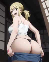 ai_generated back_view backboob bare_thighs big_ass big_butt blonde_hair brown_eyes clothes_lift fairy_tail fat_ass gigantic_ass gigantic_breasts huge_breasts huge_thighs jean_shorts light-skinned_female light_skin looking_back lucy_heartfilia massive_ass massive_breasts panties sixsix201 smiling solo_female squatting sweat sweatdrop tank_top thick_body thick_female thick_thighs thighs twintails voluptuous voluptuous_female