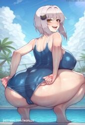 ai_generated big_ass big_breasts big_butt big_thighs blue_swimsuit blush cat_hair_ornament high_school_dxd huge_ass huge_breasts huge_butt huge_thighs koneko_toujou pool school_swimsuit sweat swimming_pool swimsuit toujou_koneko wanuze white_hair wide_hips yellow_eyes