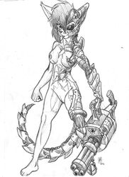 breasts cybernetic_limb cyborg feline female gun looking_at_viewer minigun nude pussy ranged_weapon scar sketch solo tail weapon