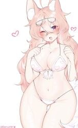 anticipation belly_button big_breasts blush cleavage fox_girl juicy_pussy long_hair looking_at_viewer midriff pink_bikini pink_hair pussy_peek remiune skimpy_bikini voluptuous_female