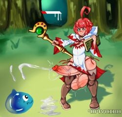 404yaiba balls blush book cum dragon_quest ejaculation femboy forest green_eyes huge_balls huge_cock magician male orgasm original_character penis red_hair slime_(dragon_quest) square_enix staff