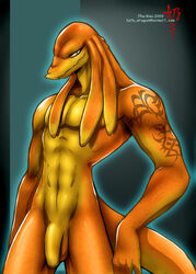 1boy 2009 balls bangaa black_eyes blue_background final_fantasy flaccid male male_only muscles nude orange penis plain_background scalie smooth_skin solo tail tattoo the_nai uncut video_games