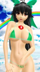 2025 3d avian_humanoid beach big_breasts bikini black-haired_female blue_sky breasts brown-eyed_female cleavage clouds crystal green_bikini green_bow hand_on_bikini_bottom hand_on_leg hati_yukkuri_mmd hips light-skinned_female long-haired_female looking_at_viewer midriff mmd navel open_mouth rainbow raven reflection sky string_bikini swimsuit touhou utsuho_reiuji waist water youkai