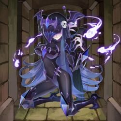 armor armored_female blue_hair chest covering_eyes death_knight dungeon dungeon_and_girls fully_clothed ghost heels long_hair long_nails on_knees spirit sword white_body