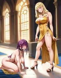 2girls ai_generated bare_ass bare_breasts bare_legs big_breasts blonde blonde_female blonde_hair blue_eyes blush breasts breasts_out collar collared completely_naked completely_nude dog_collar dominant_male domination dominatrix femdom femsub goddess golden_dress happy_sub heels high_heels honkai:_star_rail kafka_(honkai:_star_rail) kneeling large_breasts mistress naked naked_female nude nude_female on_knees purple_hair queen queen_miko slave slavegirl tight_clothing worship