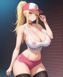 1woman ai_generated alley alleyway baseball_cap big_breasts blonde_hair blonde_hair booty_shorts dog_collar gym_shorts kuro_inazuma large_breasts pink_dog_collar pink_eyes ponytail solo solo_female tank_top thigh_highs thighhigh_stockings_thigh_high_stockings thighhighs visible_nipples