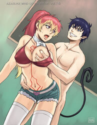 ao_no_exorcist azasuke bikini bikini_top blue_eyes blue_hair blush breast_grab breasts clenched_teeth female from_behind highres hot_pants kirigakure_shura large_breasts long_hair multicolored_hair navel open_mouth ponytail purple_eyes saliva scarf sex short_hair short_shorts smile socks sweat swimsuit tail tattoo thighhighs tied_hair