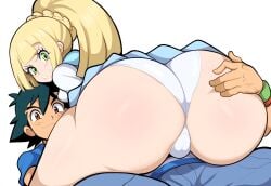 1boy ai_generated blonde_hair duo female lillie_(pokemon) male/female mullon novelai panties pokemon pokemon_(anime) pokemon_journeys pokemon_sm satoshi_(pokemon) satoshi_(pokemon) straight