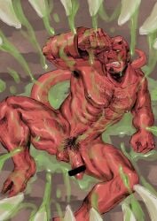 artist_request balls bara body_hair demon facial_hair flaccid hellboy hellboy_(series) male male_only muscles muscular nude penis sideburns solo solo_male