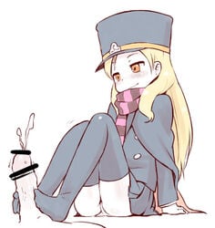 1boy 1girls black_legwear blonde_hair blush cape censored chiaki_(shigofumi) cum ejaculation feet footjob footjob_with_footwear hat long_hair nagian panties penis scarf shako_cap shigofumi sitting skirt smile solo thighhighs underwear uniform yellow_eyes