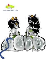 2girls artist_name ass ass_focus ass_to_ass black_hair dancestor dark_hair double_ass_focus fat_ass female female_only gray_skin homestuck homestuck_troll long_black_hair long_hair looking_back meulin_leijon nepeta_leijon sansrubildo self_upload short_black_hair short_hair side_to_side sweat sweaty_body sweaty_butt troll troll_(homestuck) white_background