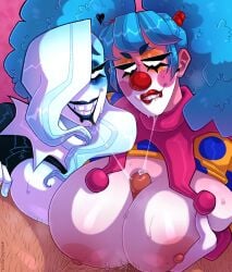 1boy 1boy2girls 2girls big_areola big_breasts big_nipples biting_lip biting_own_lip boobjob clown clown_costume clown_girl clown_makeup clown_nose clown_paint female huge_breasts large_areolae large_breasts large_nipples lipstick_smear male monathetrampire original original_character original_characters paizuri paizuri_fellatio paizuri_lead_by_female paizuri_on_lap paizuri_with_gigantic_breasts penis_between_breasts pov pov_blowjob pov_paizuri precum saliva_on_penis saliva_on_tongue smudged_lipstick teamwork teamwork_(sexual) threesome titjob titjob_pov